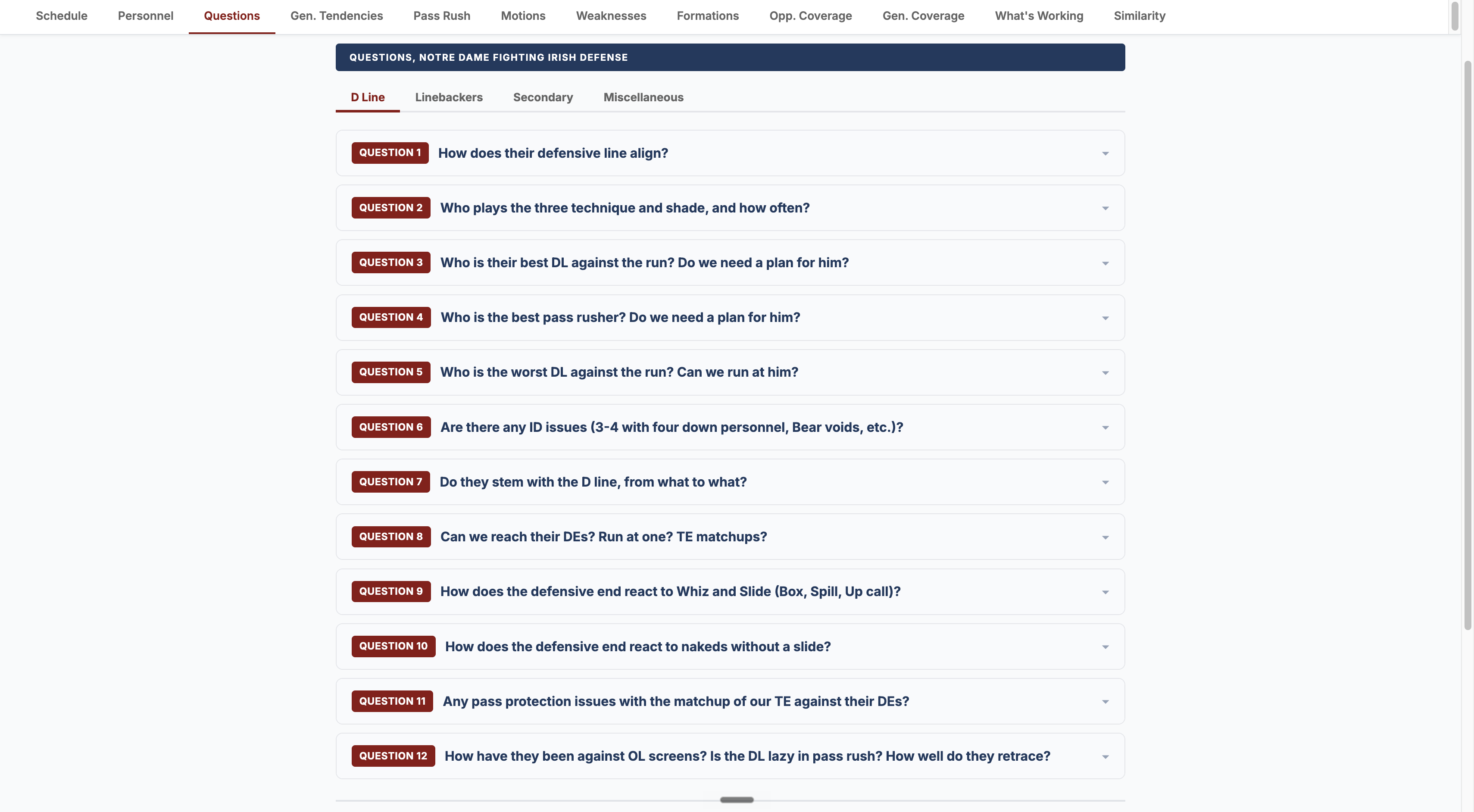 PlayPrep Questions tab: the game-planning questions a coordinator actually asks, answered for the opponent